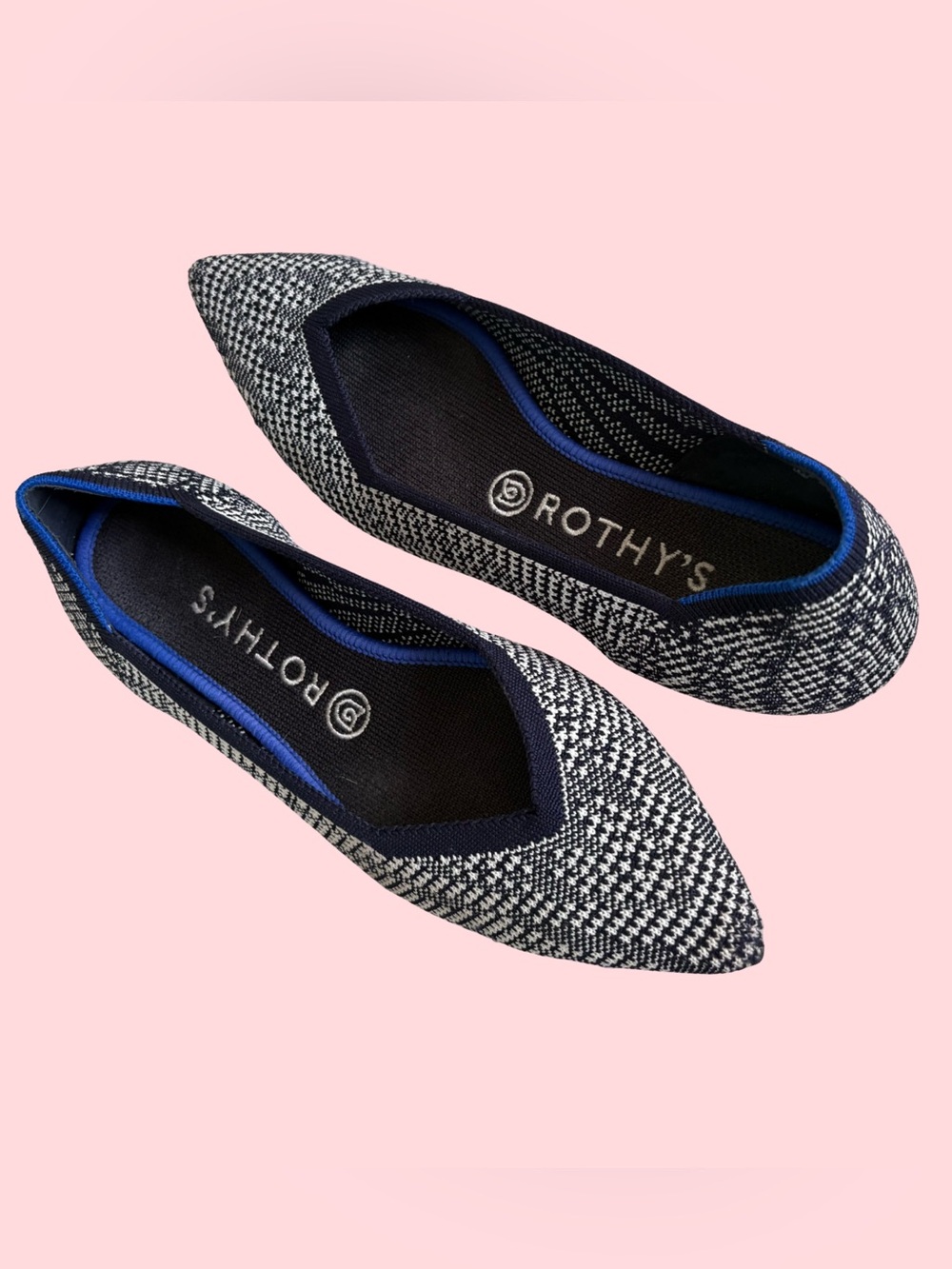 Rothy's Pointed Knit Toe Flats Navy White Houndstooth